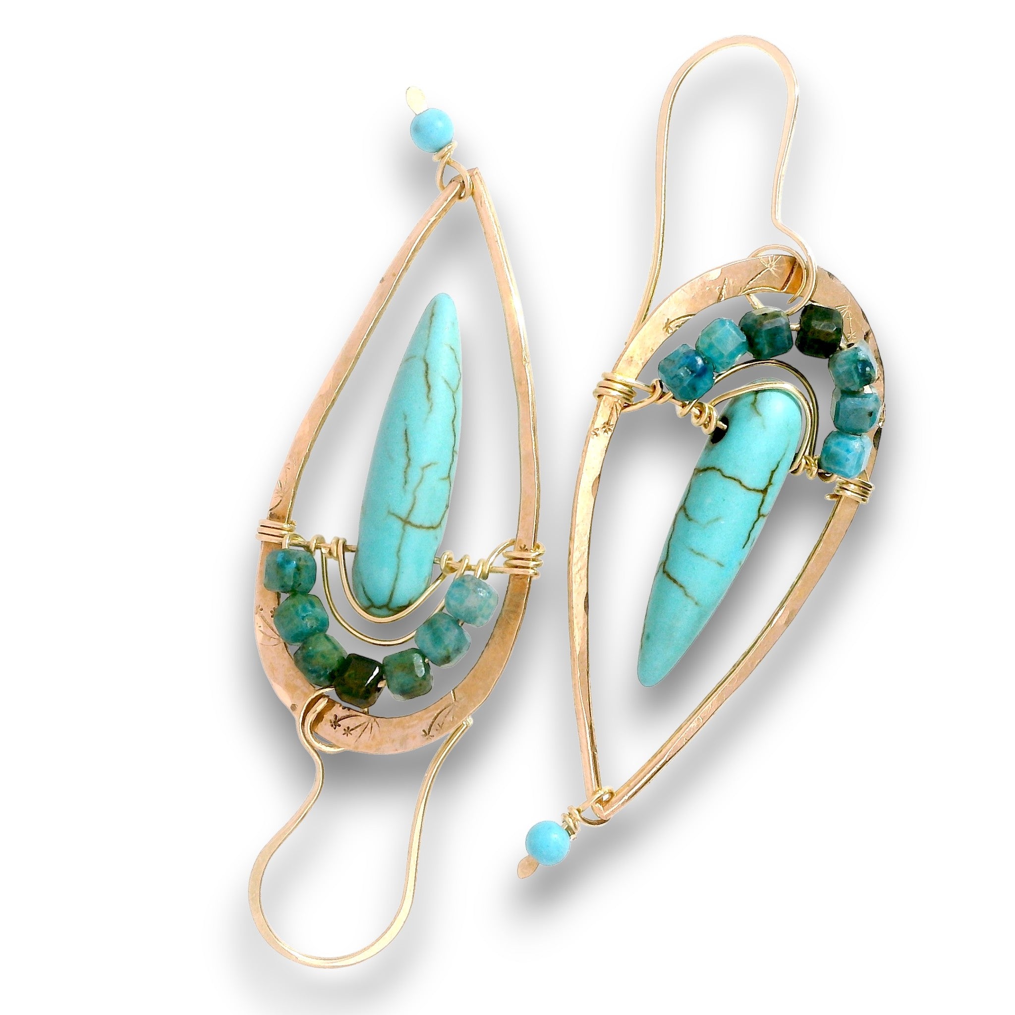 Dandelion stamped bronze teardrop earrings with turquoise spikes and ombre blue torumaline mini cube gemstones on 14k gold filled wire earring hooks