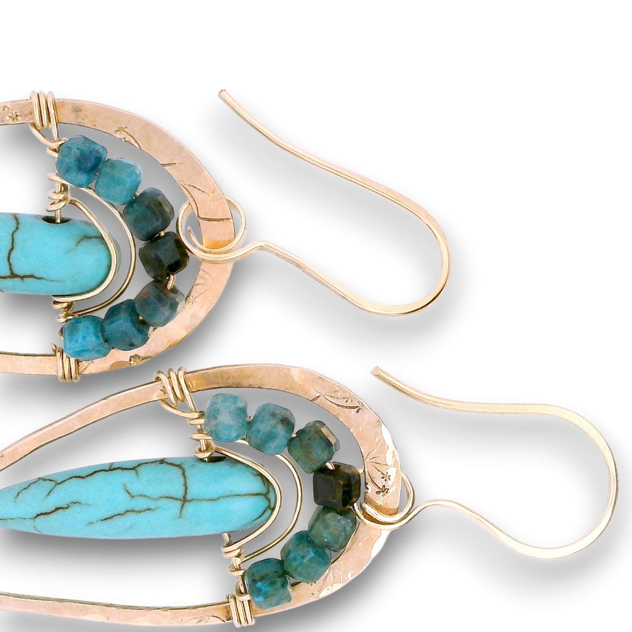 Dandelion stamped bronze teardrop earrings with turquoise spikes and ombre blue torumaline mini cube gemstones on 14k gold filled wire earring hooks