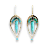 Dandelion stamped bronze teardrop earrings with turquoise spikes and ombre blue torumaline mini cube gemstones on 14k gold filled wire earring hooks