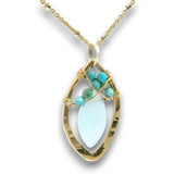 Brass marquise pendant with chalcedony and turquoise gemstones on 14k gold filled wire and a 14k gold filled with sterling silver dots chain necklace