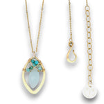 Brass marquise pendant with chalcedony and turquoise gemstones on 14k gold filled wire and a 14k gold filled with sterling silver dots chain necklace