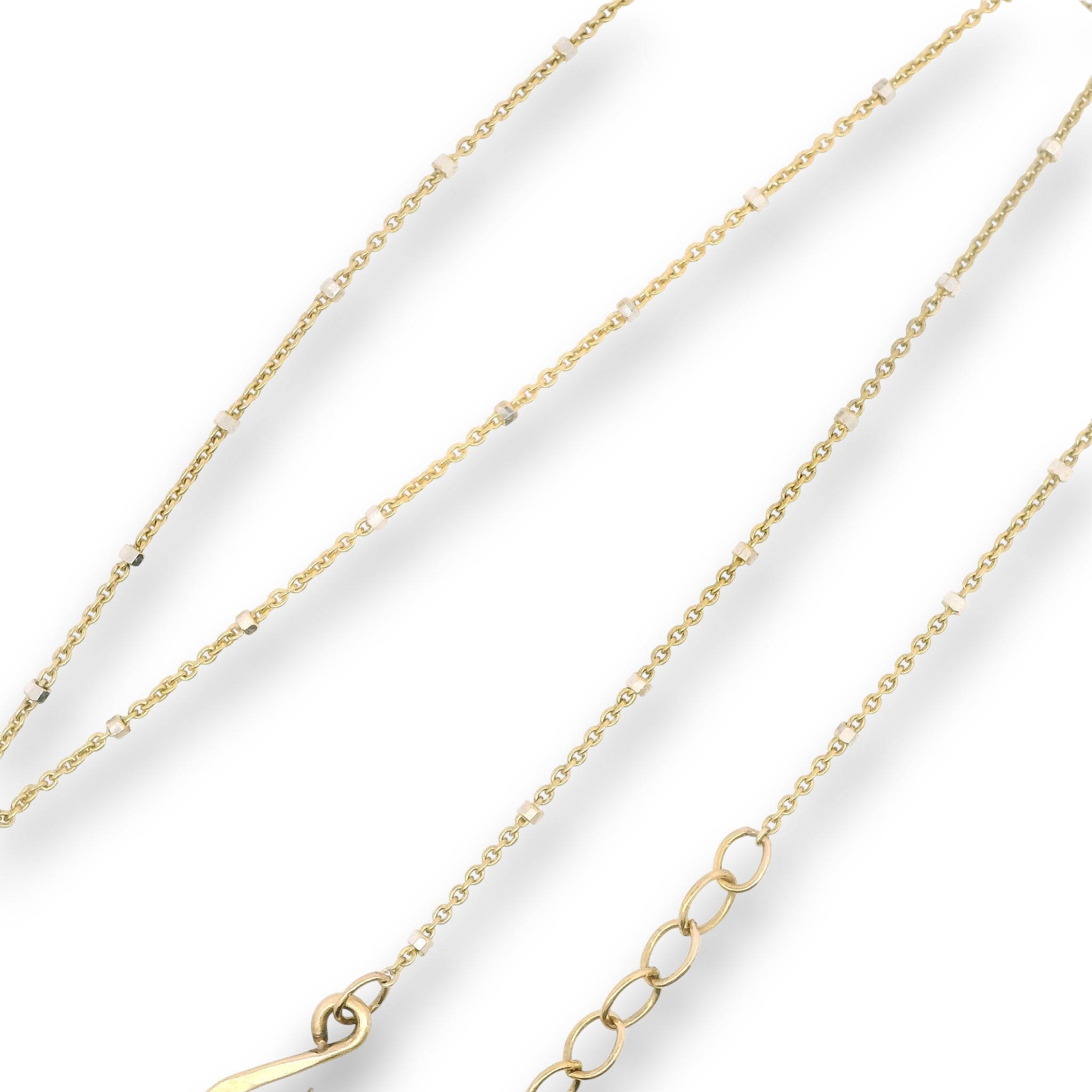 Brass marquise pendant with chalcedony and turquoise gemstones on 14k gold filled wire and a 14k gold filled with sterling silver dots chain necklace