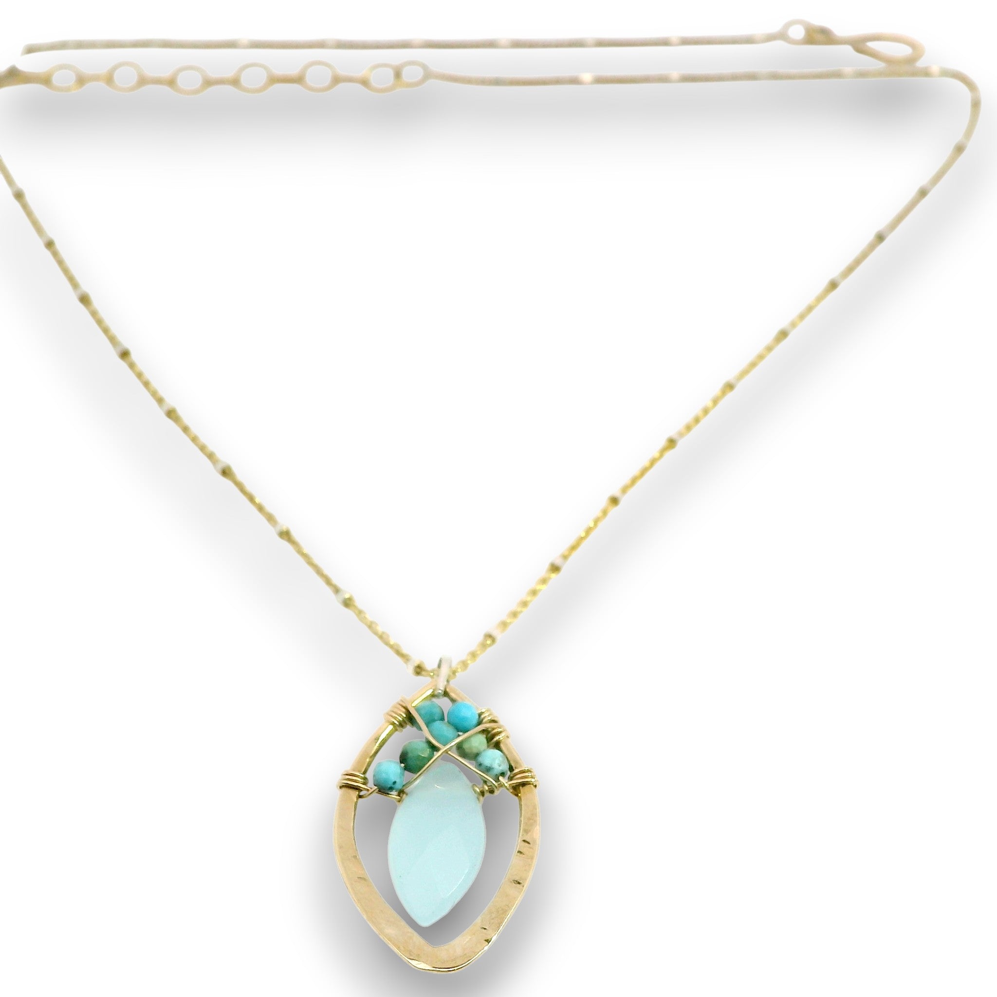 Brass marquise pendant with chalcedony and turquoise gemstones on 14k gold filled wire and a 14k gold filled with sterling silver dots chain necklace