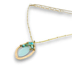 Brass marquise pendant with chalcedony and turquoise gemstones on 14k gold filled wire and a 14k gold filled with sterling silver dots chain necklace