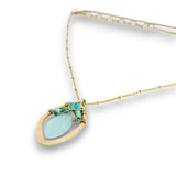 Brass marquise pendant with chalcedony and turquoise gemstones on 14k gold filled wire and a 14k gold filled with sterling silver dots chain necklace