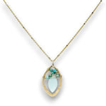 Brass marquise pendant with chalcedony and turquoise gemstones on 14k gold filled wire and a 14k gold filled with sterling silver dots chain necklace