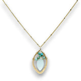 Brass marquise pendant with chalcedony and turquoise gemstones on 14k gold filled wire and a 14k gold filled with sterling silver dots chain necklace