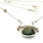 Sterling silver necklace with flashy labradorite drop gemstone and pyrite between swishes of brass wire on a delicate sterling chain with fresh water pearl accents