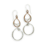Handmade stamped sterling silver hoops hanging from bronze drops braided with sterling silver fine wire