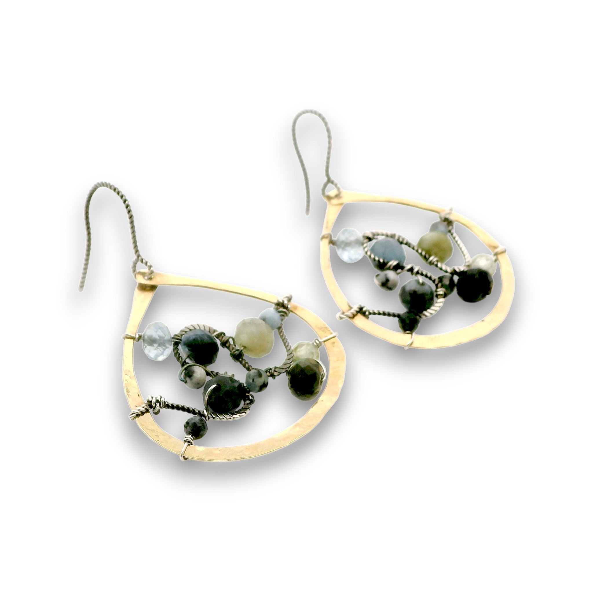 Brass fat marquise earrings embroidered with oxidized sterling silver twist wire swishes with aquamarine and prehnite gemstones