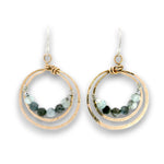 Bronze double hoop earrings lined with aquamarine and pyrite gemstones on sterling silver earring hooks