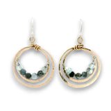 Bronze double hoop earrings lined with aquamarine and pyrite gemstones on sterling silver earring hooks