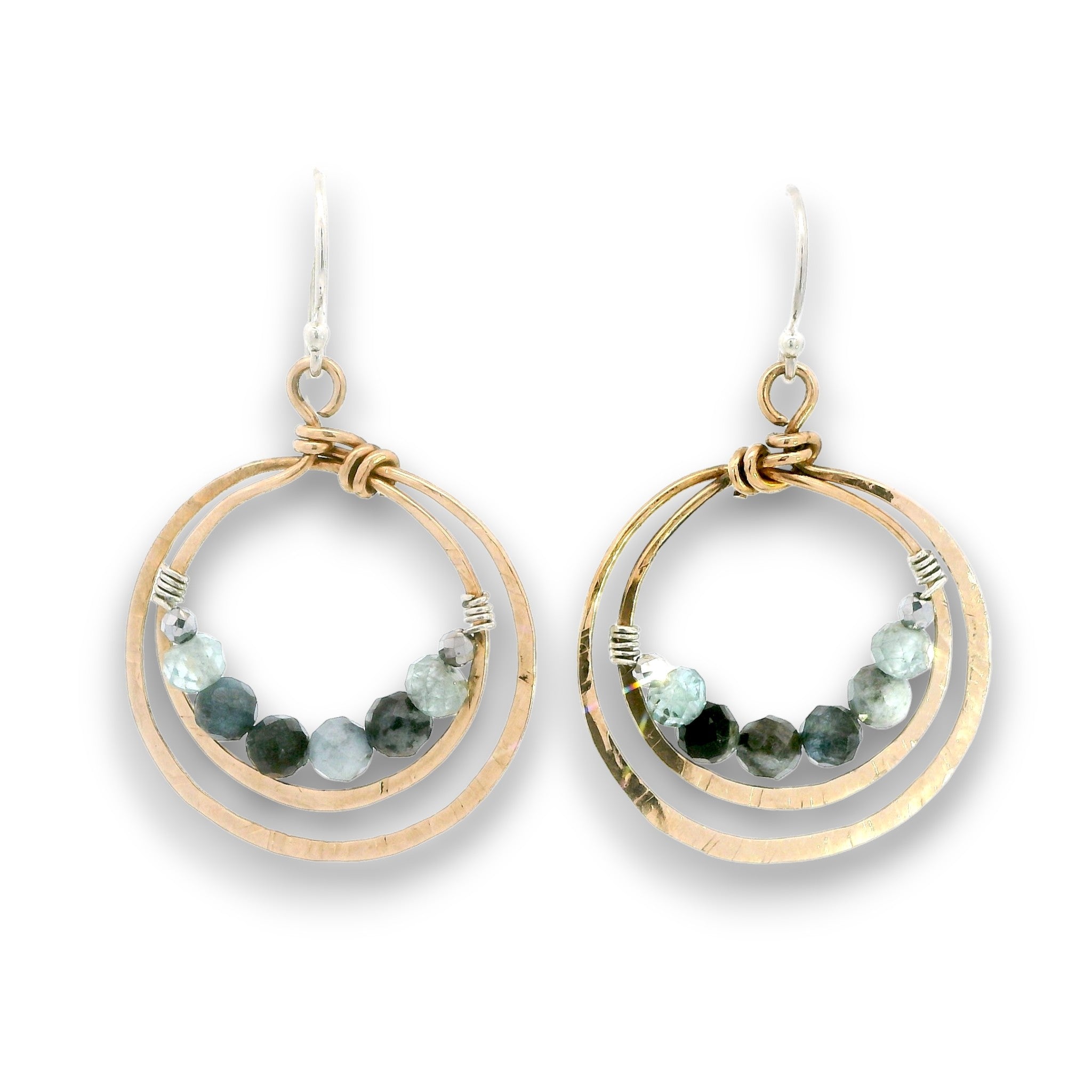 Bronze double hoop earrings lined with aquamarine and pyrite gemstones on sterling silver earring hooks