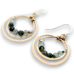 Bronze double hoop earrings lined with aquamarine and pyrite gemstones on sterling silver earring hooks