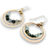 Bronze double hoop earrings lined with aquamarine and pyrite gemstones on sterling silver earring hooks