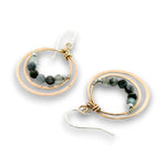 Bronze double hoop earrings lined with aquamarine and pyrite gemstones on sterling silver earring hooks