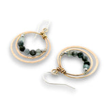 Bronze double hoop earrings lined with aquamarine and pyrite gemstones on sterling silver earring hooks