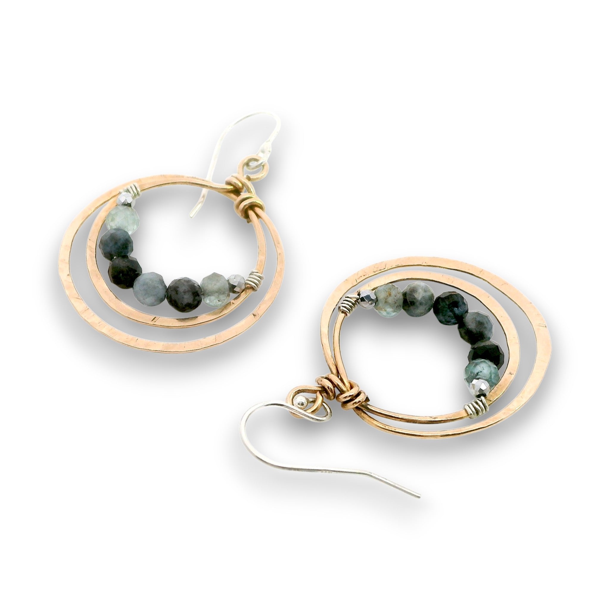 Bronze double hoop earrings lined with aquamarine and pyrite gemstones on sterling silver earring hooks