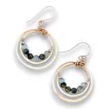 Bronze double hoop earrings lined with aquamarine and pyrite gemstones on sterling silver earring hooks