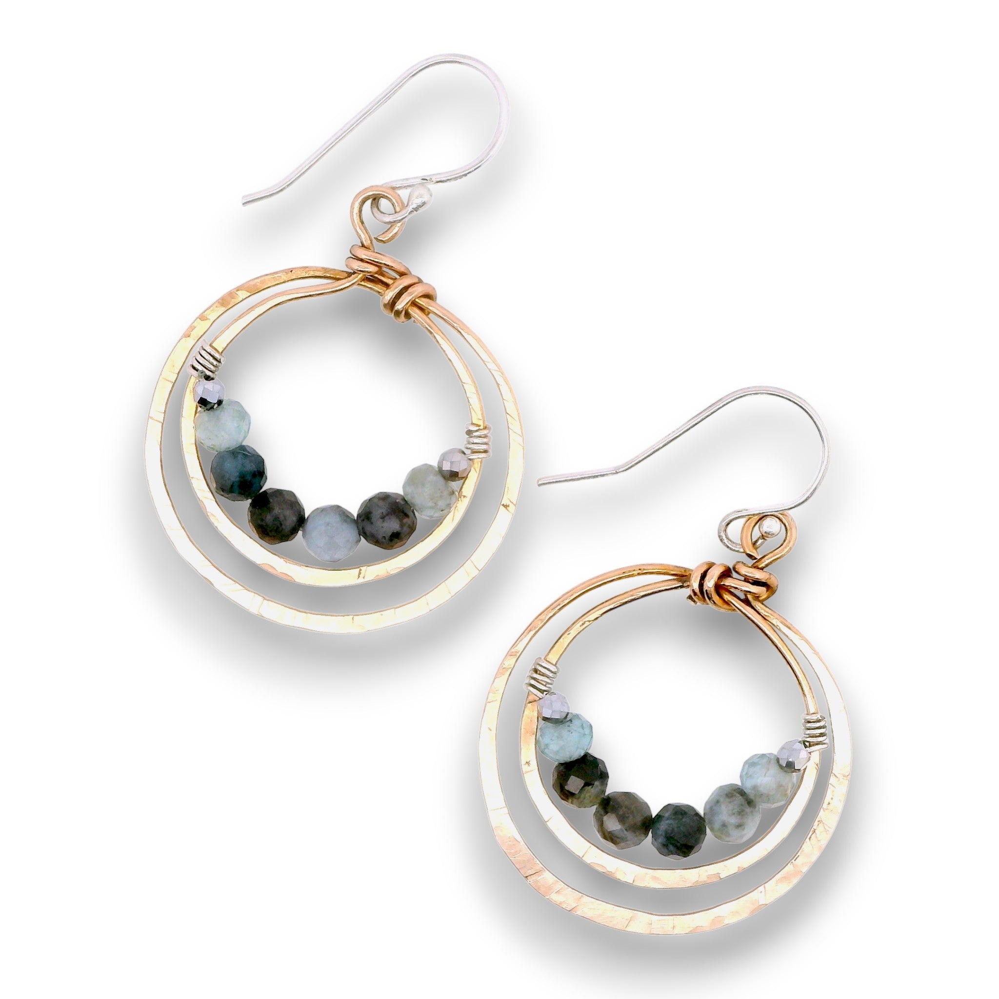 Bronze double hoop earrings lined with aquamarine and pyrite gemstones on sterling silver earring hooks