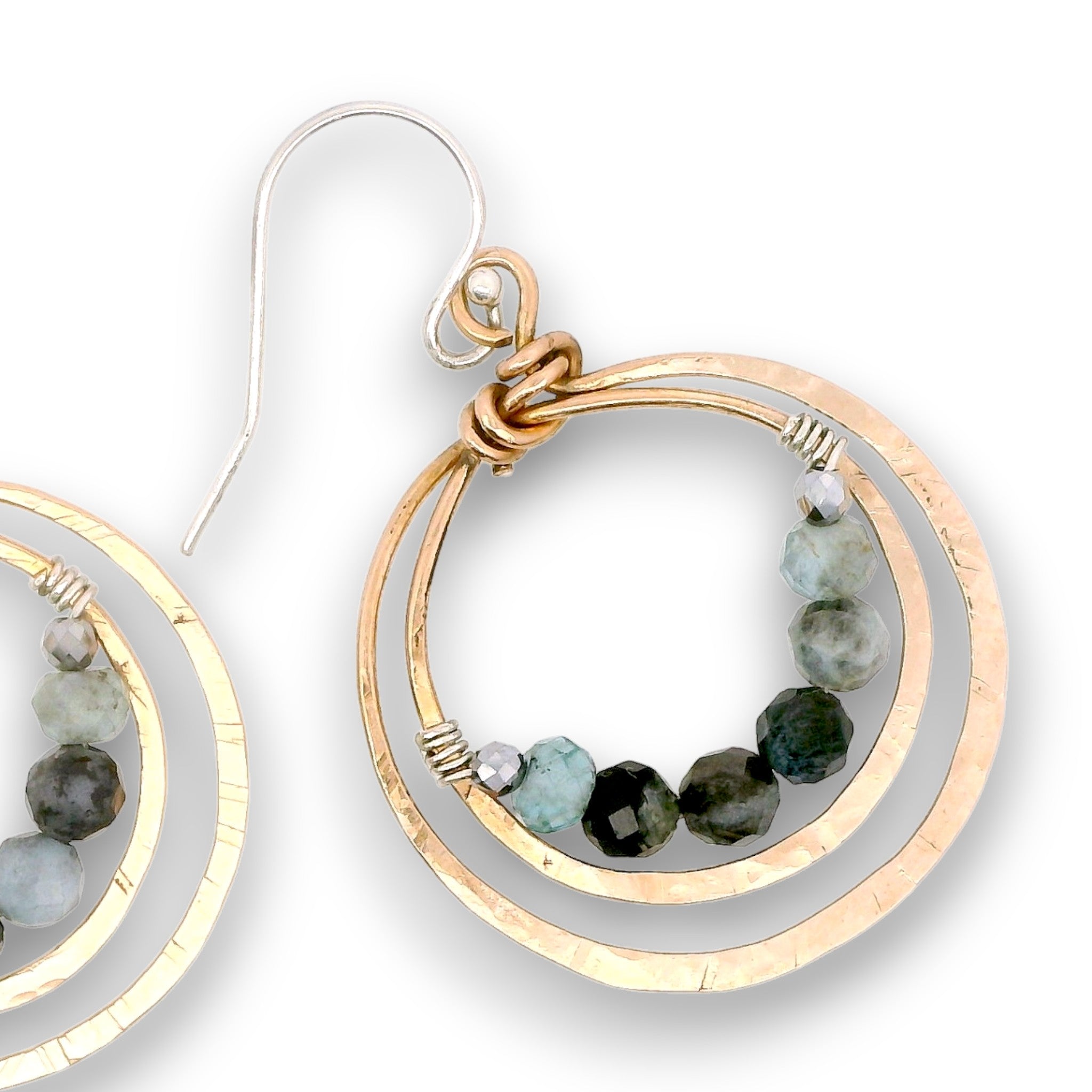 Bronze double hoop earrings lined with aquamarine and pyrite gemstones on sterling silver earring hooks