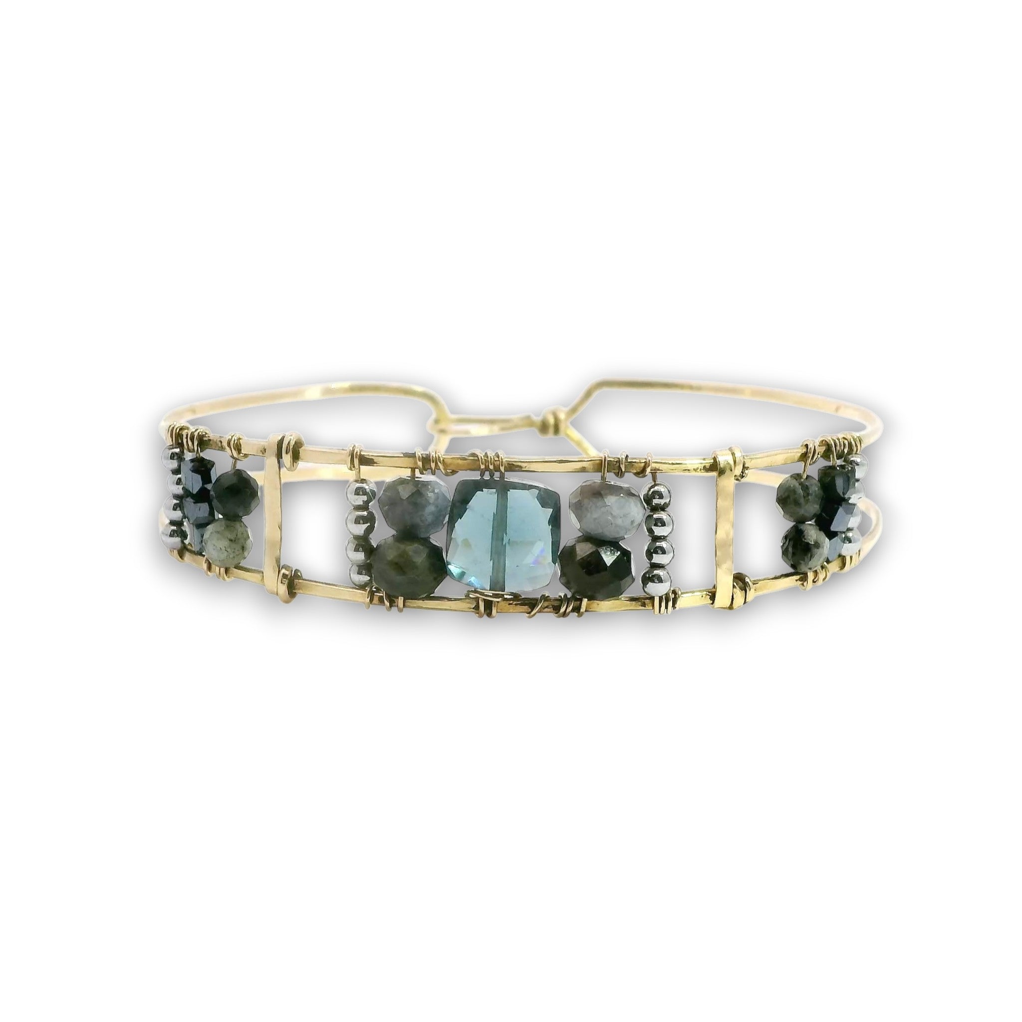 Handmade brass cuff bracelet with london blue quart tile, aquamarine and pyrite gemstones on gold filled wire