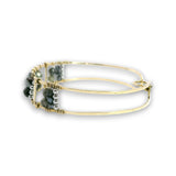 Handmade brass cuff bracelet with london blue quart tile, aquamarine and pyrite gemstones on gold filled wire