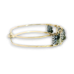 Handmade brass cuff bracelet with london blue quart tile, aquamarine and pyrite gemstones on gold filled wire