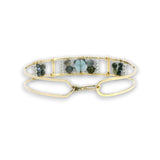 Handmade brass cuff bracelet with london blue quart tile, aquamarine and pyrite gemstones on gold filled wire