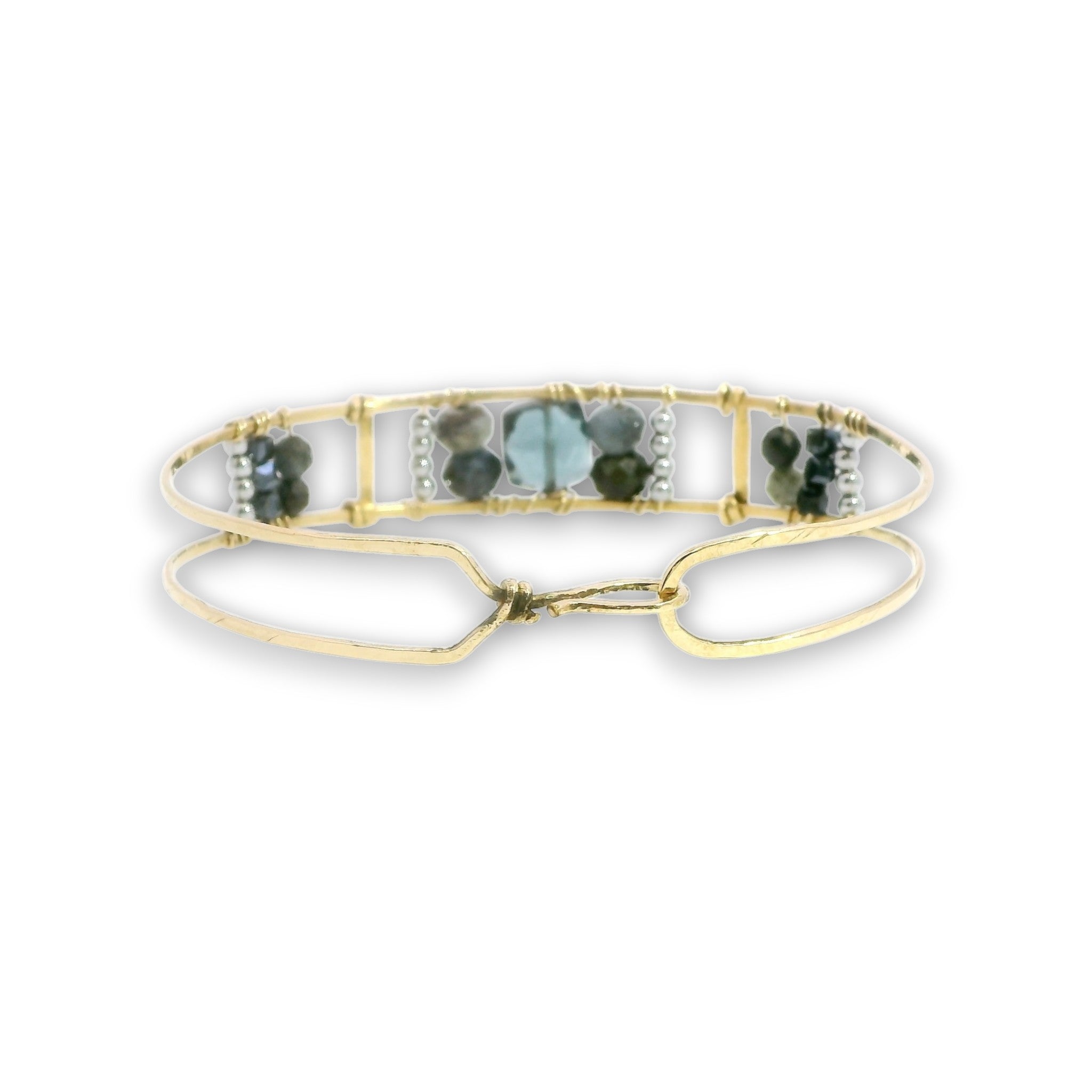 Handmade brass cuff bracelet with london blue quart tile, aquamarine and pyrite gemstones on gold filled wire