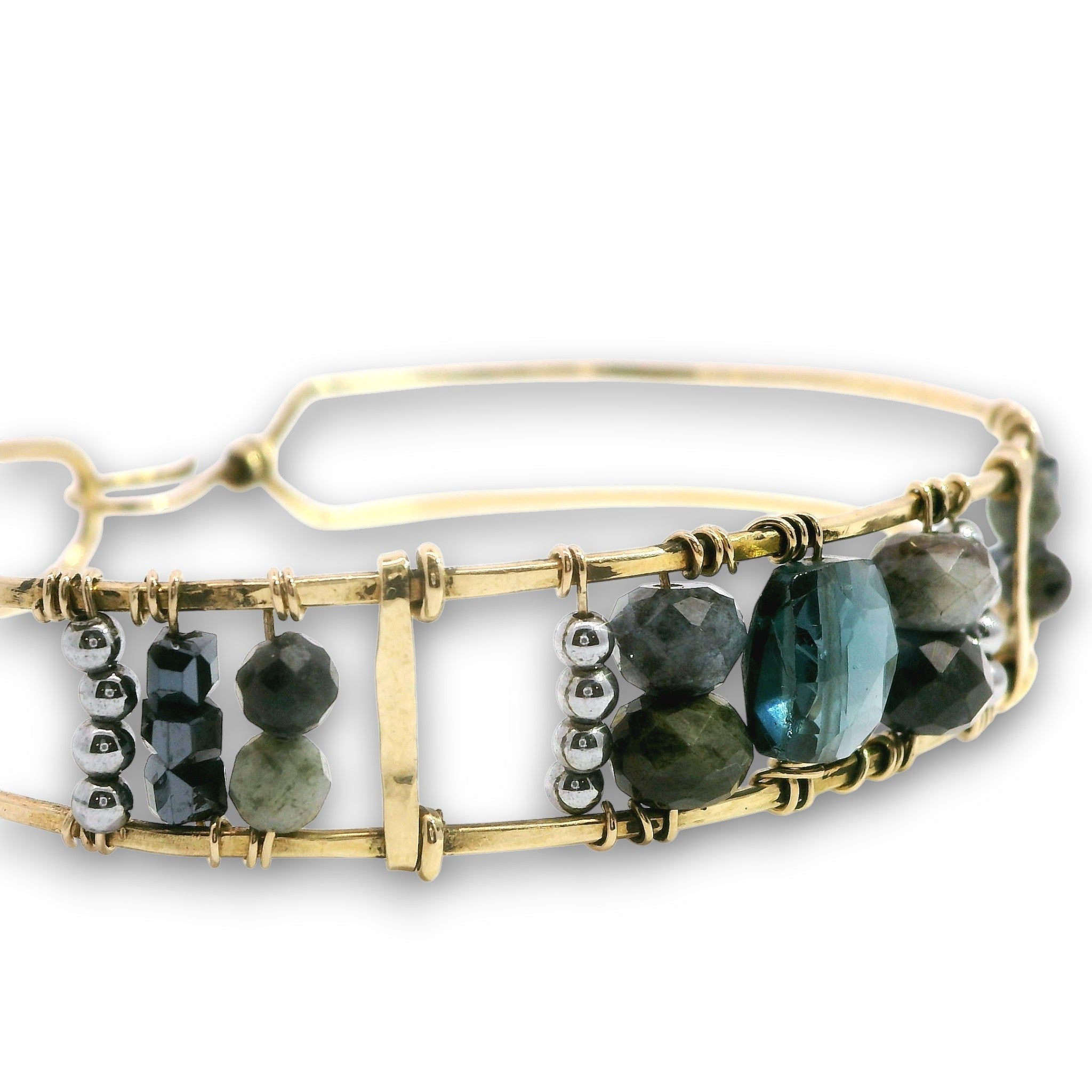 Handmade brass cuff bracelet with london blue quart tile, aquamarine and pyrite gemstones on gold filled wire
