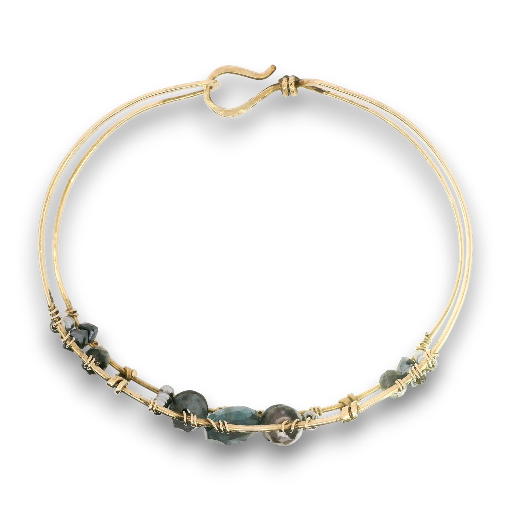 Handmade brass cuff bracelet with london blue quart tile, aquamarine and pyrite gemstones on gold filled wire