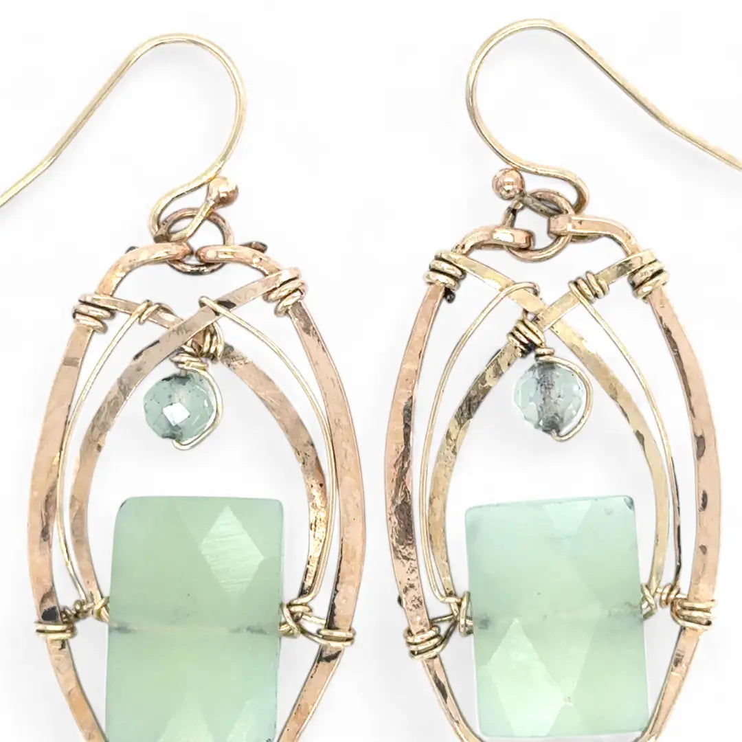 Bronze earrings with faceted jade rectangles and prehnite gemstones wrapped in gold filled wire