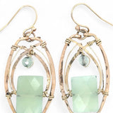 Bronze earrings with faceted jade rectangles and prehnite gemstones wrapped in gold filled wire