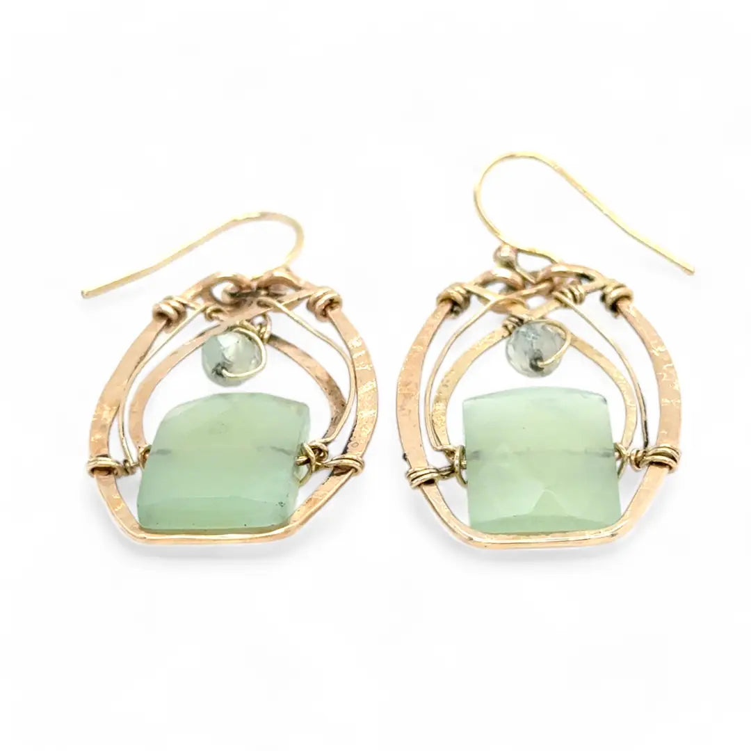 Bronze earrings with faceted jade rectangles and prehnite gemstones wrapped in gold filled wire