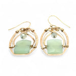 Bronze earrings with faceted jade rectangles and prehnite gemstones wrapped in gold filled wire
