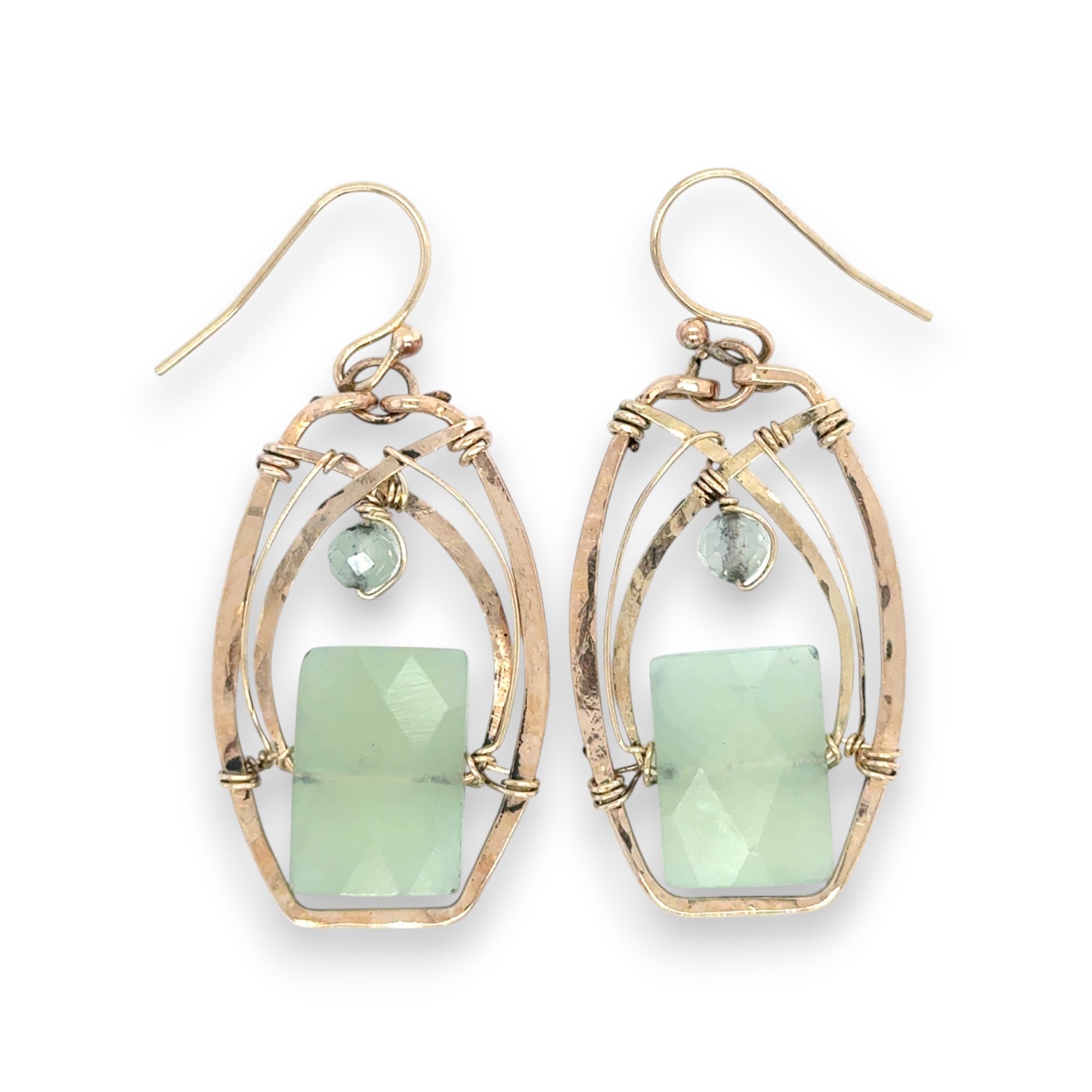Bronze earrings with faceted jade rectangles and prehnite gemstones wrapped in gold filled wire