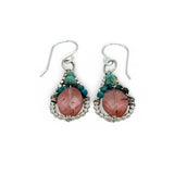 tiny Teardrop-shaped dot frame earrings with cherry quartz ovals accented with turquoise and chrysocolla gemstones