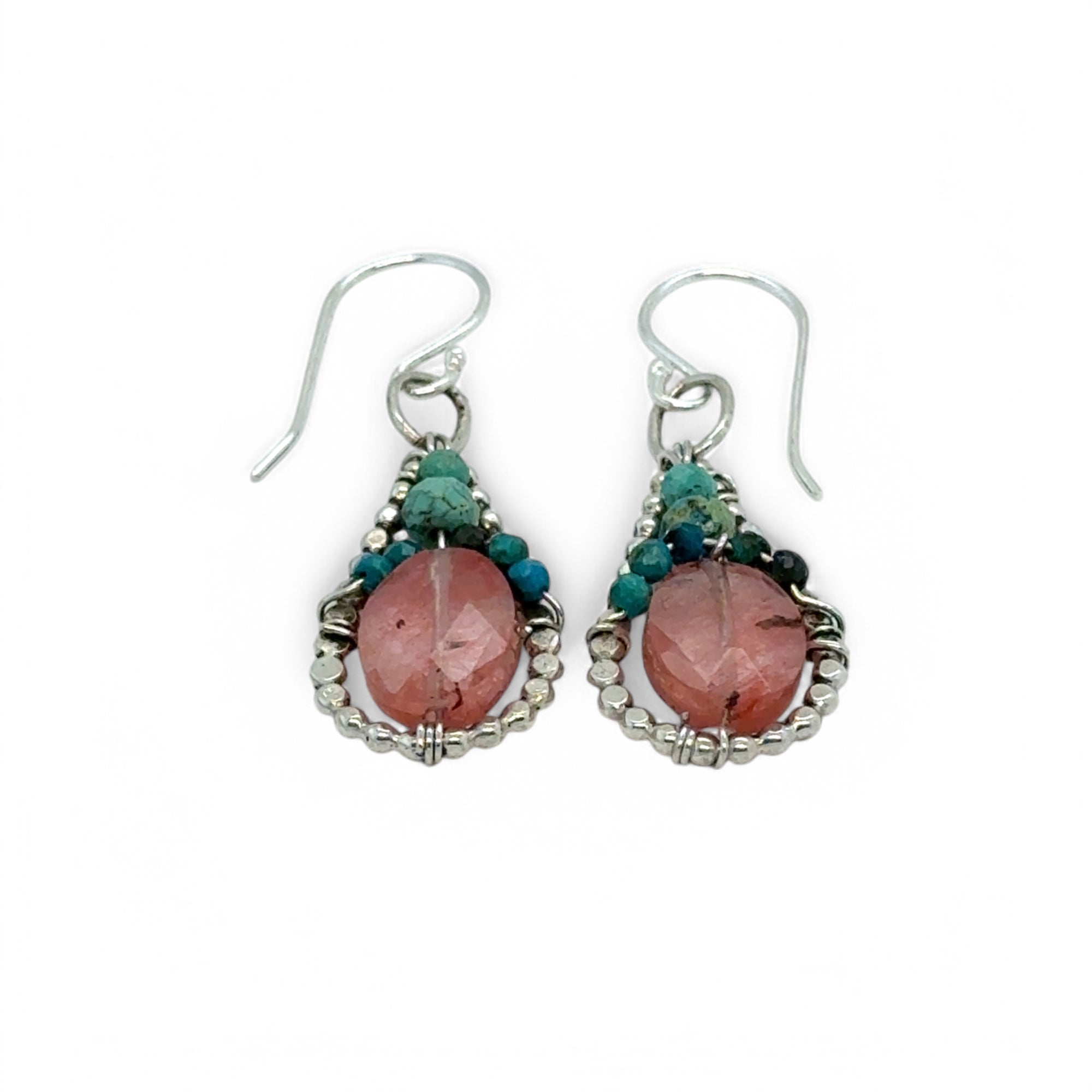tiny Teardrop-shaped dot frame earrings with cherry quartz ovals accented with turquoise and chrysocolla gemstones