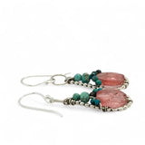 tiny Teardrop-shaped dot frame earrings with cherry quartz ovals accented with turquoise and chrysocolla gemstones