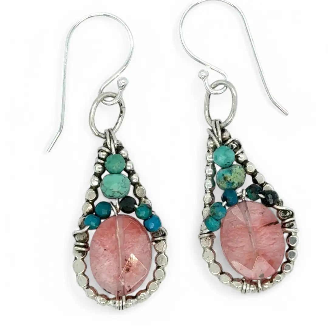 tiny Teardrop-shaped dot frame earrings with cherry quartz ovals accented with turquoise and chrysocolla gemstones