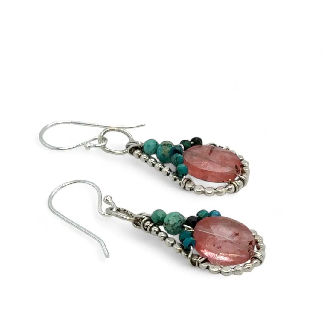 tiny Teardrop-shaped dot frame earrings with cherry quartz ovals accented with turquoise and chrysocolla gemstones