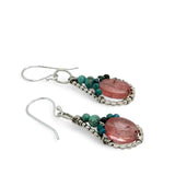 tiny Teardrop-shaped dot frame earrings with cherry quartz ovals accented with turquoise and chrysocolla gemstones