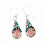 tiny Teardrop-shaped dot frame earrings with cherry quartz ovals accented with turquoise and chrysocolla gemstones