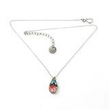 tiny teardrop shaped dot frame pendant with cherry quartz oval with turquoise and chrysocolla accents on a dainty sterling silver chain necklace
