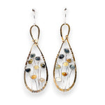 A pair of brass infinity shaped earrings featuring multicolored cat's eye faceted gemstones  and sterling silver details. Natural shades of yellow, blue, and green