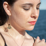 A pair of bronze triangle earrings with faceted rhomboid smokey quartz and dangles of crystal and green kyanite gemstones