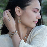 Banded brown/orange agate faceted coins are wrapped in sterling silver and gold filled wires attached to a winding river of brass hammered wire bracelet stamped with trees