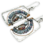 Blue zoisite, light blue fresh water pearl, and pink crystal arches within a sterling silver box earring