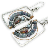 Blue zoisite, light blue fresh water pearl, and pink crystal arches within a sterling silver box earring